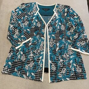 Ming Wang Jacket Cardigan Large Teal‎ Black Abstract Knit Career Clasp